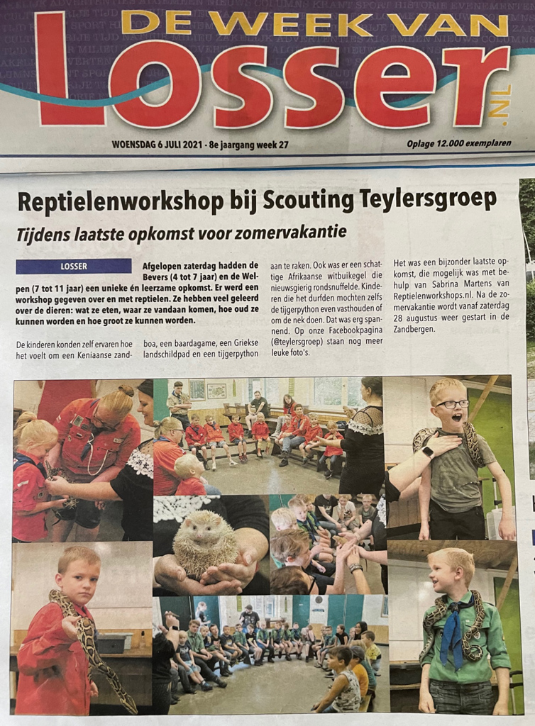 Reptielenworkshop bij Scouting Teylersgroep - artikel Week van Losser