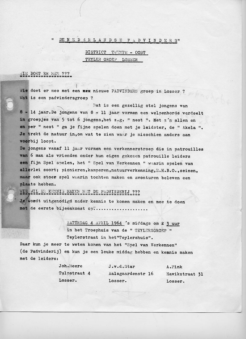 Uitnodiging nieuwe scoutinggroep de Teylersgroep 1964